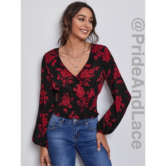pride&lace Tops - LAST 1️⃣ 🤍Red/Black Surplice Neck Shirred Floral Top
